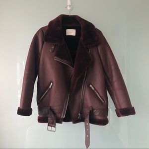 ZARA Oversized Moto Jacket Burgundy Size Small
